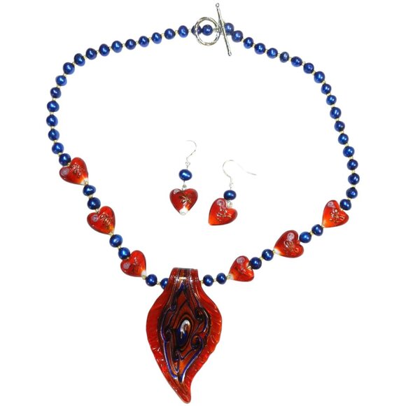 Handmade Red Lampworked Glass Blue Pearl Silver Beaded Necklace Earring GN270 - Picture 3 of 4